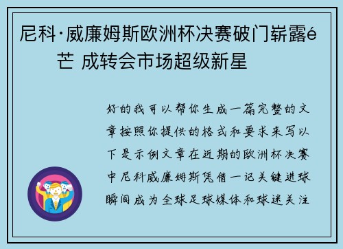 尼科·威廉姆斯欧洲杯决赛破门崭露锋芒 成转会市场超级新星