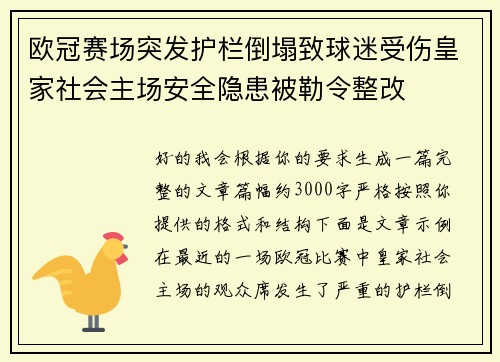 欧冠赛场突发护栏倒塌致球迷受伤皇家社会主场安全隐患被勒令整改